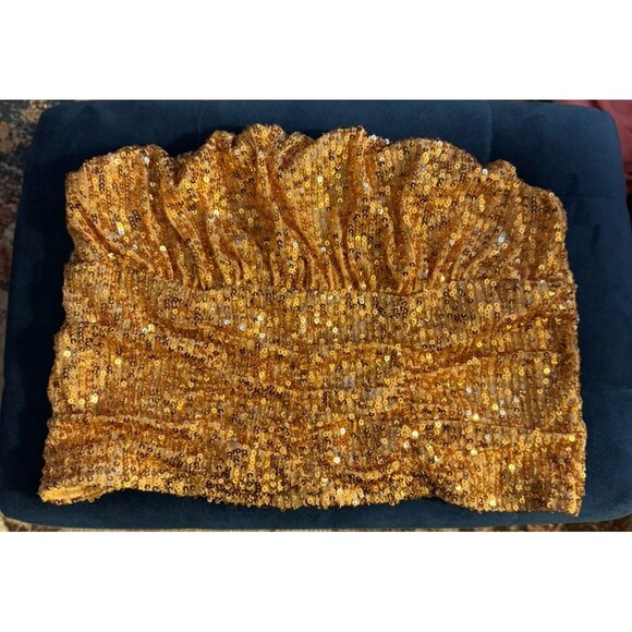 Free People XS Ta Da Sequin Embellished Crop Top Gold No Straps Y2K Party Club - Picture 16 of 16